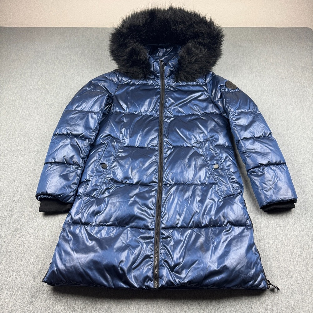 DKNY Jacket Womens XS Blue High Shine Faux Fur Trim Hooded Puffer Coat‎ Winter